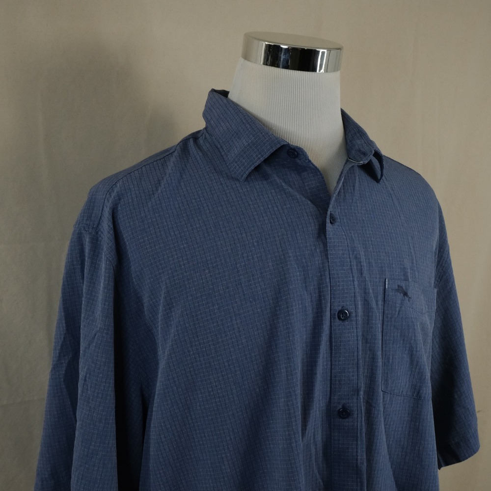Tommy Bahama 1XLB Bahama Coast Hawaiian Shirt Blue Grid IslandZone Poly Blend